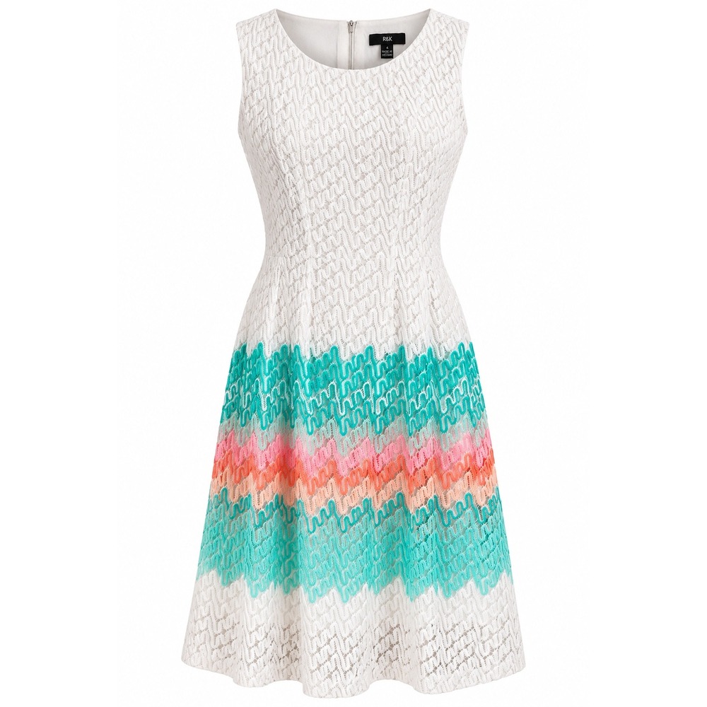 R&K Size 4 White Lace Fit & Flare Dress Teal Coral Colorblock Sleeveless
